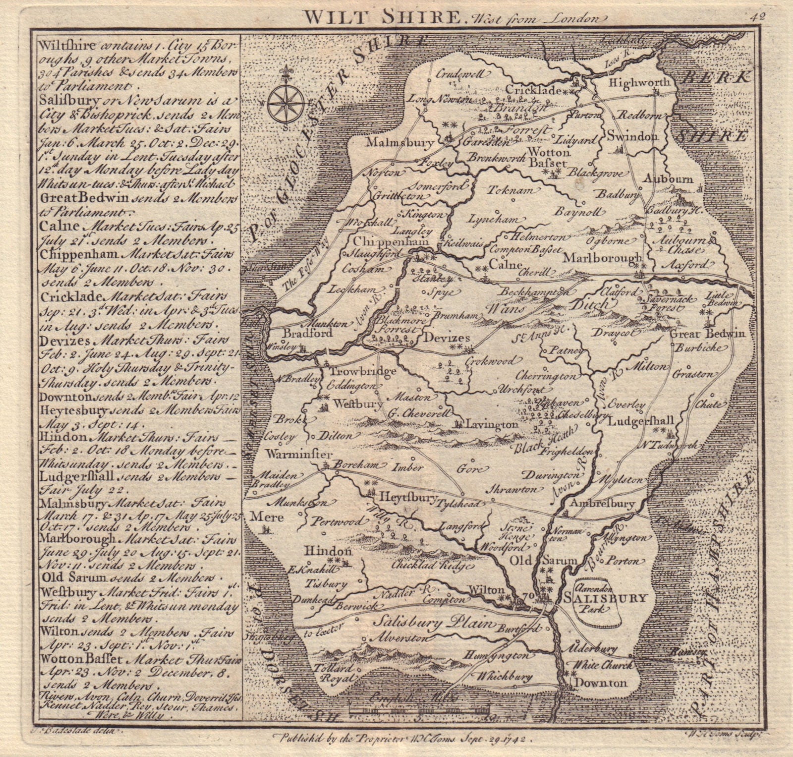 Antique county map of Wiltshire by Badeslade & Toms 1742 old chart